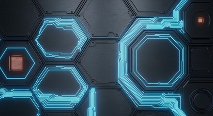 Futuristic Hexagonal Grid with Glowing Blue Circuits and Orange Square Accents.