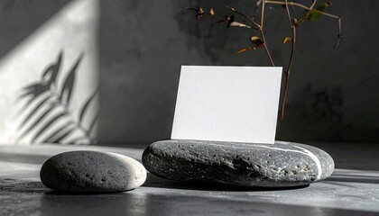 Blank White Card Mockup on Dark Stones with Shadow