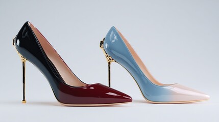 Two elegant high-heeled pumps, one deep burgundy and the other a gradient of light blue to pale pink, are displayed against a neutral backdrop.  Both feature 