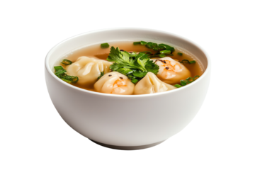 Delicious bowl of dumpling soup garnished with herbs on a white background.