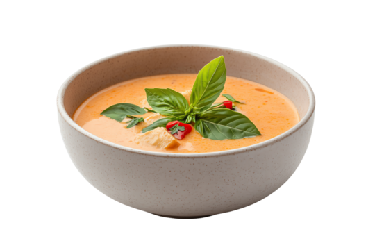 Delicious bowl of creamy soup garnished with fresh basil and red chili peppers.
