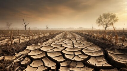 Dried, cracked earth path stretches into hazy landscape