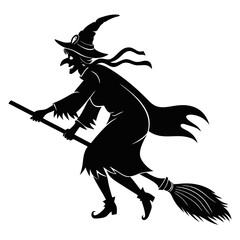 Silhouette of a classic witch with a pointed hat and flowing scarf flying on a broomstick at night