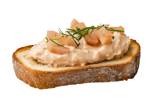 Delicious bread slice topped with creamy fish spread and diced vegetables, perfect for appetizers.