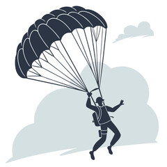 Silhouette of a skydiver descending gracefully under a large parachute against a cloudy sky