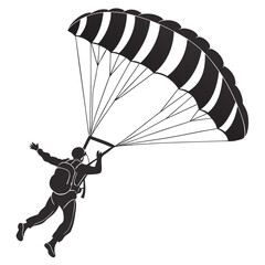 Silhouette of a skydiver with a black and white parachute descending against a white background
