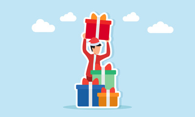 Man in red outfit with Christmas hat lifting gift box from a stack of presents illustration of holiday celebration appreciation