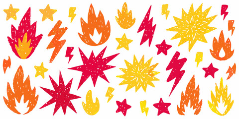 Vibrant hand drawn fire flames stars and lightning bolts pattern on white background