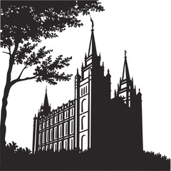 Fototapeta premium Silhouette of the historic salt lake temple with a tree and foliage against a white background