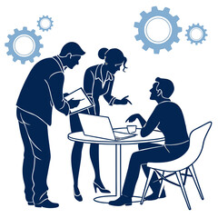 Diverse business team collaborates on project using laptop and documents with gears symbolizing teamwork and efficiency