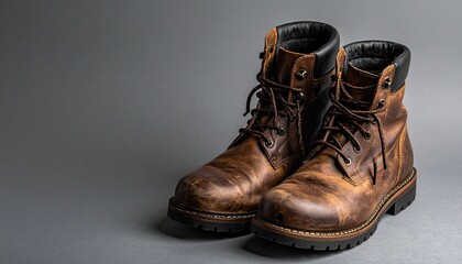 Brown Leather Boots on Gray Background