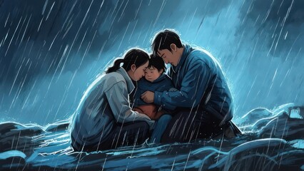 Family huddled in rain,  embracing during storm