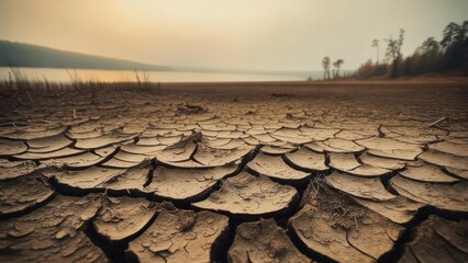 Dry, cracked earth near a lake at sunset
