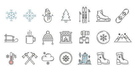 Winter season and holiday activities thin line icon set with subtle color accents, featuring various cold weather symbols.