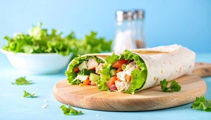 Chicken and Vegetable Wrap on Wooden Board
