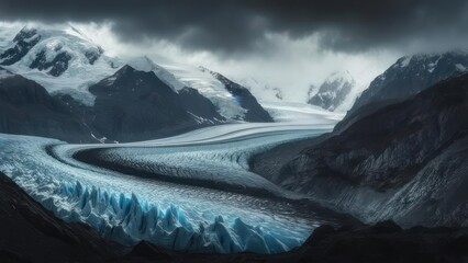 Glacial expanse winding through dark mountains under stormy skies