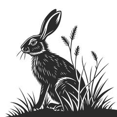 Stylized black silhouette of a rabbit sitting in tall grass and reeds on a white background