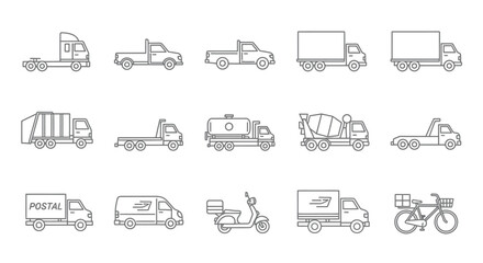 Collection of Line Art Delivery Trucks, Vans, and Bikes.