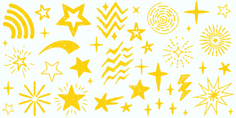 Collection of hand drawn yellow stars and sparkles on white background