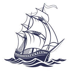 A vintage sailing ship with full sails navigating through stylized ocean waves depicted in a minimalist dark blue line art style