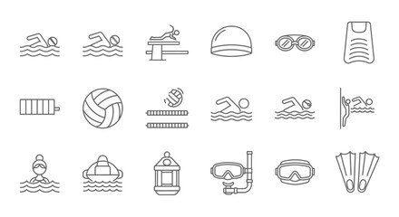 Collection of Linear Icons Representing Swimming and Water Sports Activities.
