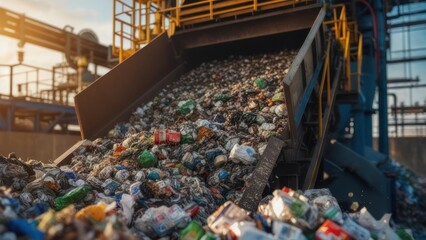 A conveyor belt in a recycling plant overflowing with mixed plastics, cans, and other waste materials.  Sunlight illuminates the materials