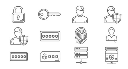 Collection of Linear Security Icons - Padlock, Key, User, Shield, Password, Fingerprint, Server.