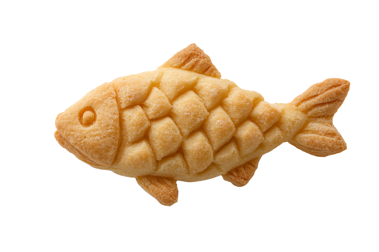 Delicious fish-shaped pastry, golden brown and crispy, perfect for snacks or desserts, isolated on a white background.