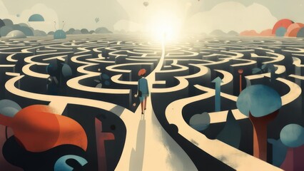 A stylized maze, a person walks toward a sunlit path