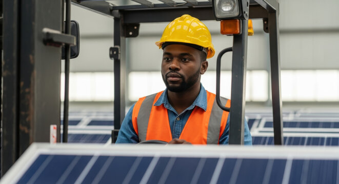 Focused male worker in safety vest operates forklift at solar energy production facility, navigating between modern solar panels with concentration and professionalism - Powered by Adobe