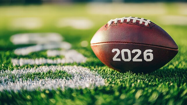 An american football with the year 2026 written on it sits on the green grass of a football field, symbolizing the upcoming season and future games