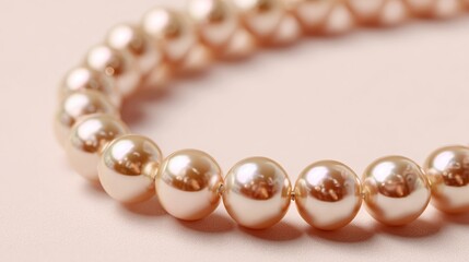 Close-up of a delicate pearl necklace; lustrous, round pearls in a soft, pinkish hue, arranged in a gentle curve against a pale, matching background.  The pearls 
