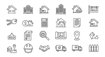 Comprehensive set of black outline real estate line icons, featuring properties, finance, construction, and moving.