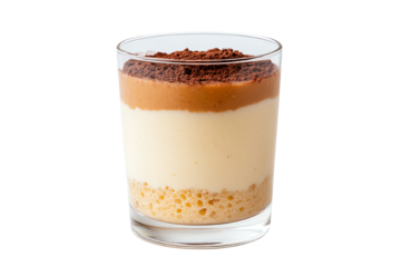 Delicious layered dessert in a glass with creamy layers and topped with cocoa.