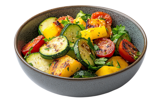 Delicious mixed vegetable salad featuring grilled zucchini, tomatoes, and vibrant peppers packed in a stylish bowl