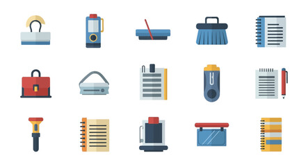Flat Design Office Supplies and Tools Icons Set.