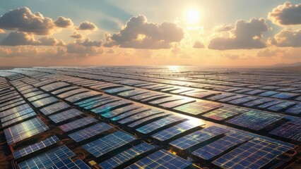 Vast solar panel farm at sunset over a body of water