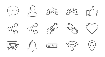 Fototapeta premium Hand-drawn social media and communication icon set in a sketchy, thin line art style, featuring like, share, and user symbols.