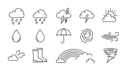 Minimalist black outline weather icons set, featuring clouds, rain, sun, wind, umbrella, and rainbow symbols.