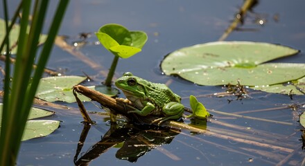 Green frog on lily pads