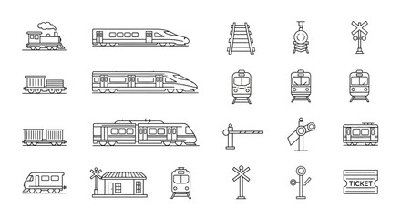 Train Line Art Icons - Locomotive, Rails, and Signals.