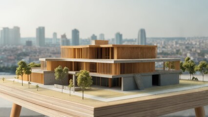 Wooden model of a modern building, set on a wooden table, overlooking a cityscape