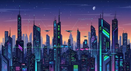 Futuristic cityscape at twilight, with illuminated skyscrapers and flying vehicles, showcasing a vibrant, technologically advanced city.