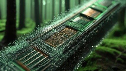 Circuit board embedded in a lush forest.  Green, emerald details contrasted with copper