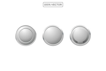 Award silver  blank medals 3d vector realistic illustration.second  place medals or buttons isolated on white background. Quality blank, empty badge, emblem set