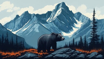 Grizzly bear in a mountain landscape.  Rocky terrain, forested valley, snowy peaks