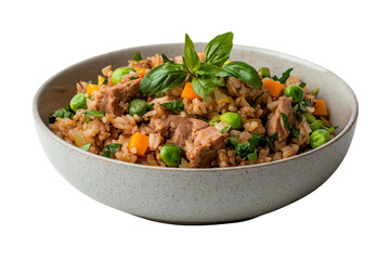 Delicious rice bowl with tuna, vegetables, and fresh basil on a white isolated background.