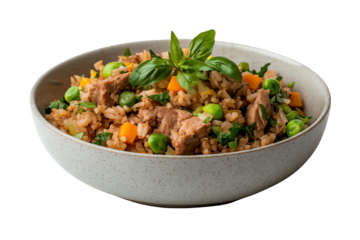 Delicious rice bowl with tuna, vegetables, and fresh basil on a white isolated background.