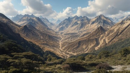 Fototapeta premium Mountain valley panorama, sunlit peaks, and lush forests