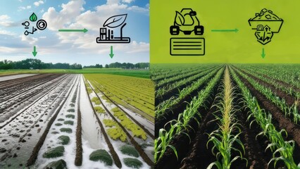 Agricultural process depicted in two contrasting views.  Left shows sustainable methods, right shows conventional